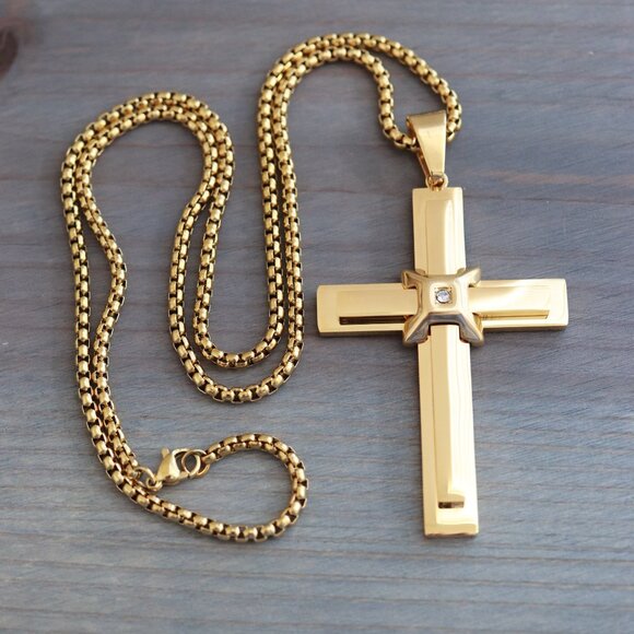Cross Pendant with CZ Stone Style Round Cable Chain Necklace Stainless Steel - Picture 4 of 4